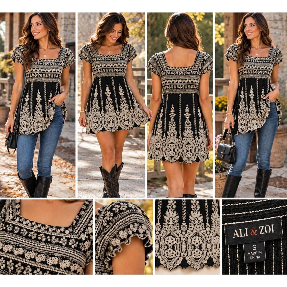 Roz & Ali Women’s Small Black Embroidered Tunic Top Boho Short Sleeve
